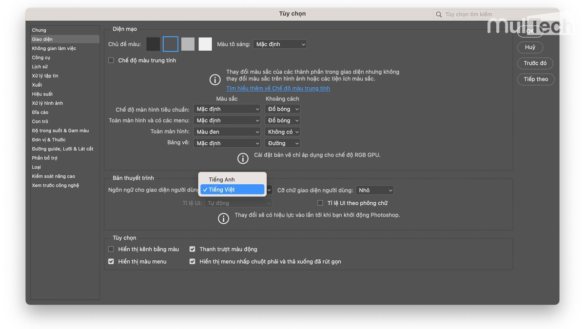 Chọn bản dịch tiếng Việt trong Adobe Photoshop