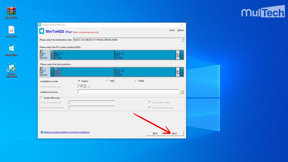 Phần mềm sẽ tiến hành chọn phân vùng hệ thống để cài đặt, nhấn chọn Next.