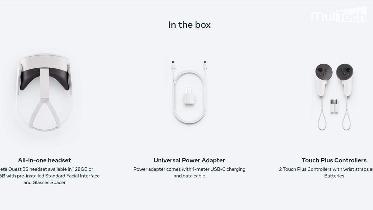 Người dùng đặt mua sẽ nhận được bộ sạc cáp, Meta Quest 3S và 2 controller