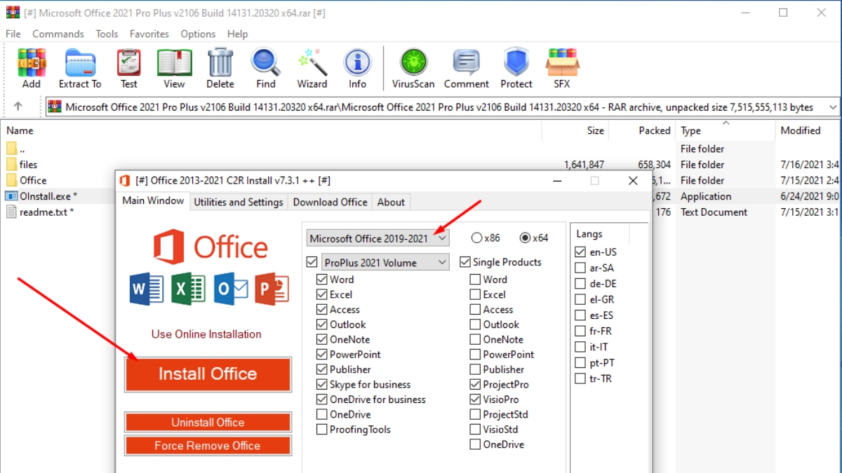 Chọn "Microsoft Office 2019-2021" sau đó bấm "Install Office"