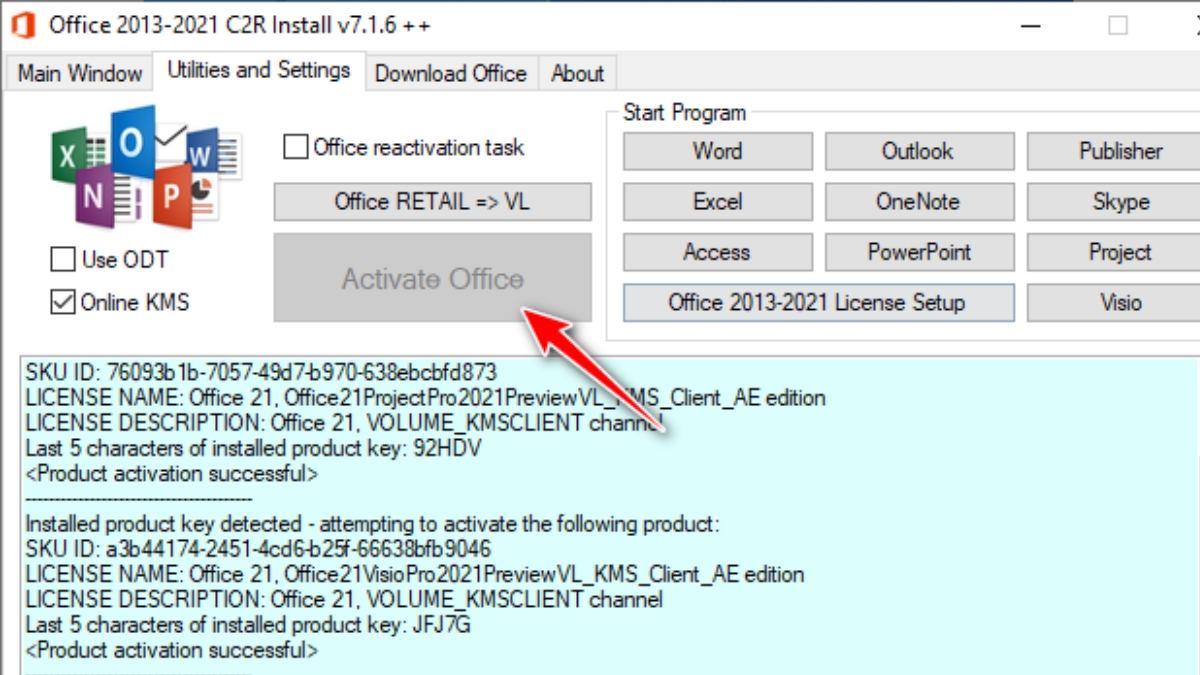 Bấm "Active Office" để kích hoạt bản quyền Microsoft Office 2021 Pro Plus