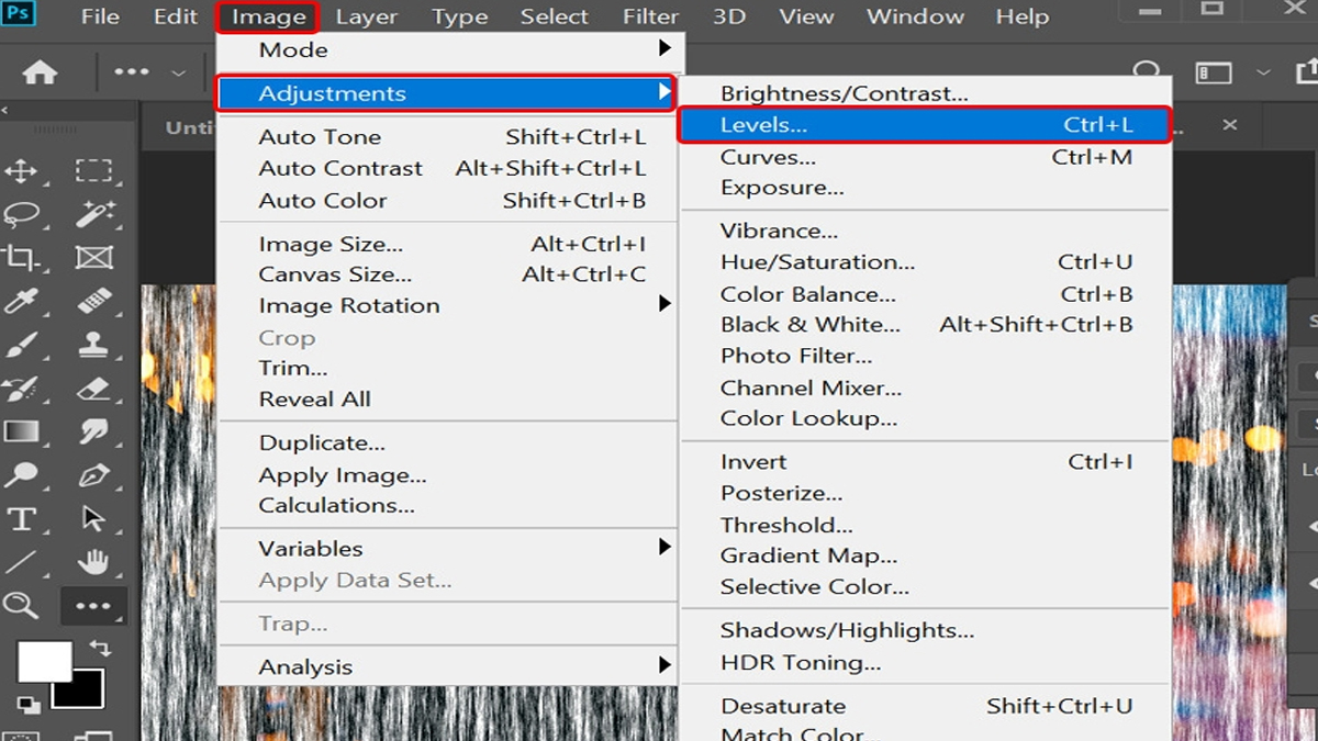 Tiếp tục bạn nhấn vào Image → Chọn Adjustments → Chọn Levels