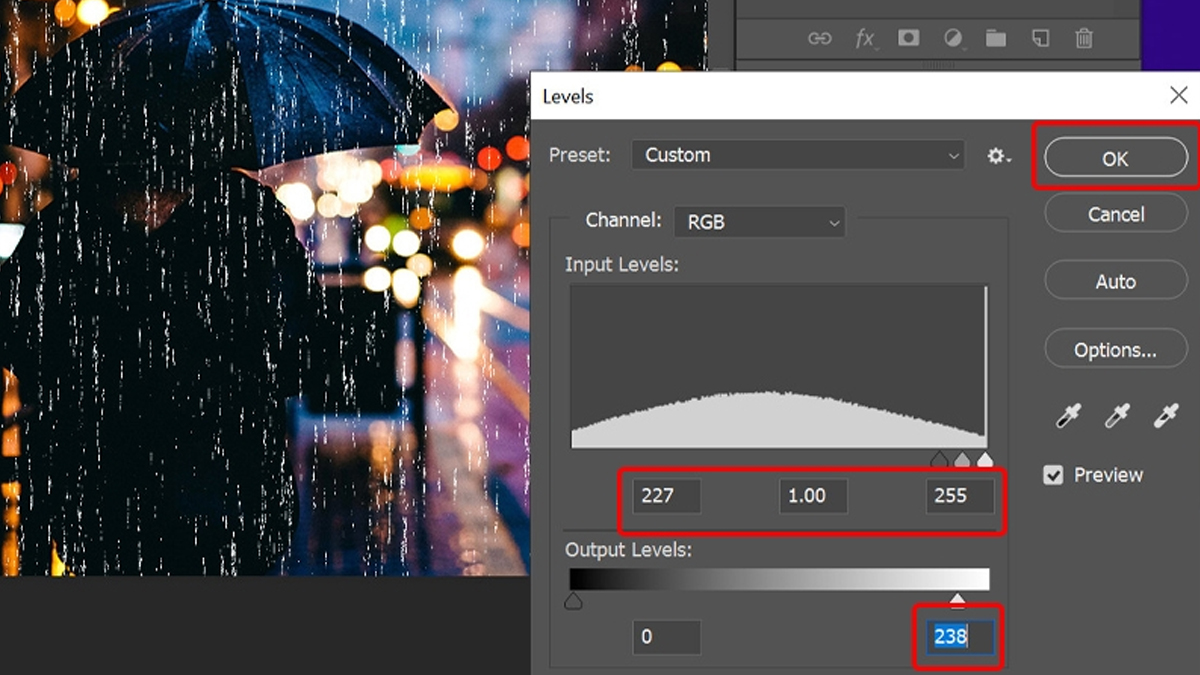 Điều chỉnh các thông số trong bảng Levels sao cho phù hợp