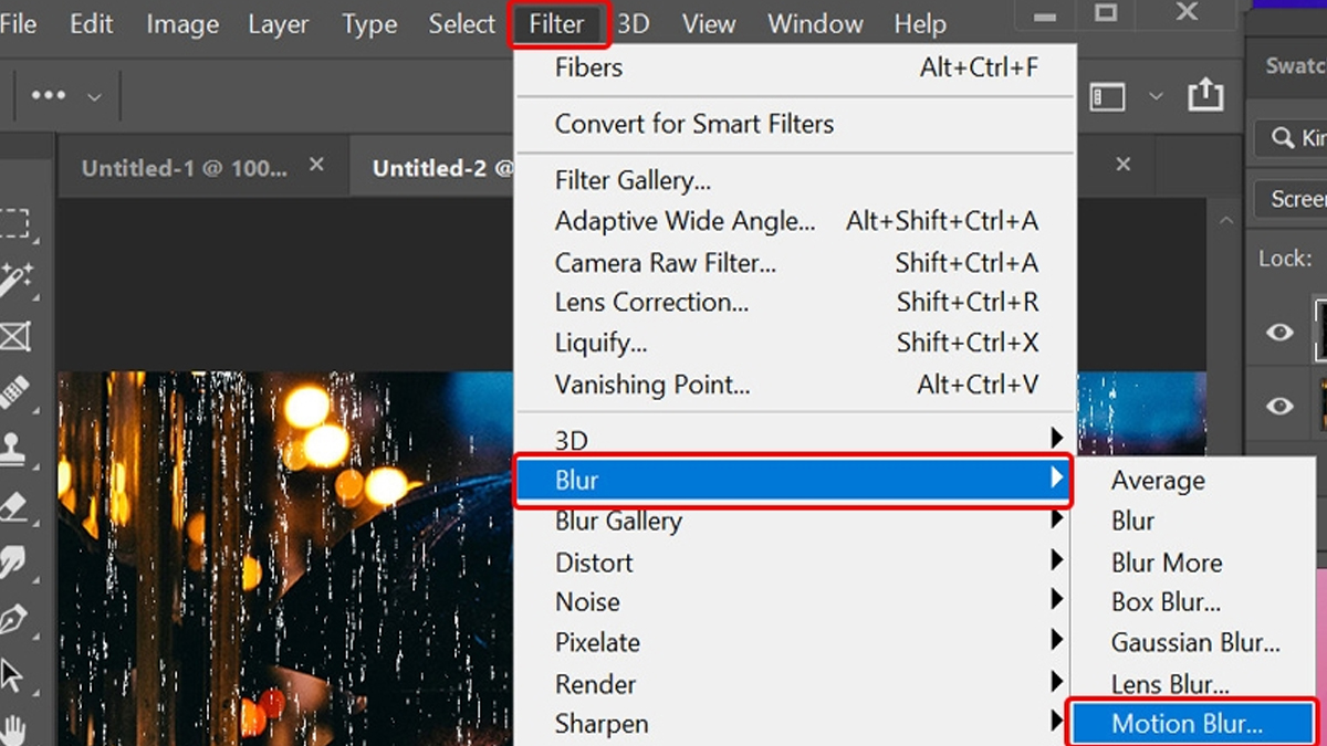 Vào mục Filter → Chọn Blur → Chọn Motion Blur