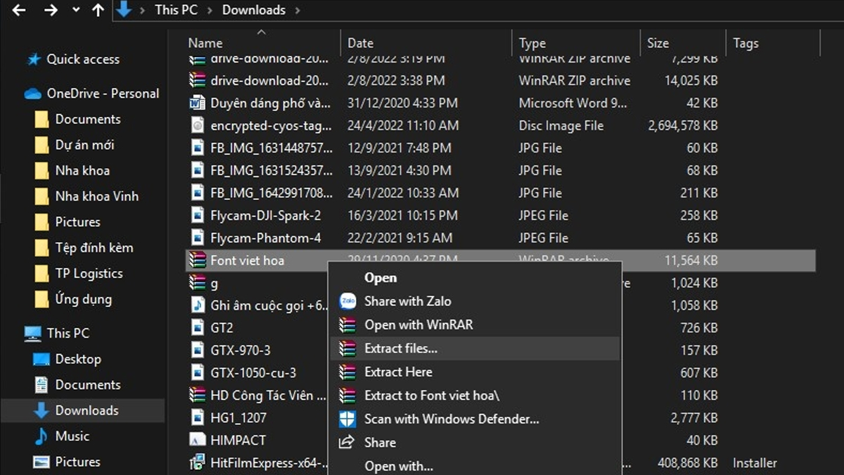 Tiến hành giải nén file font chữ vừa được download về