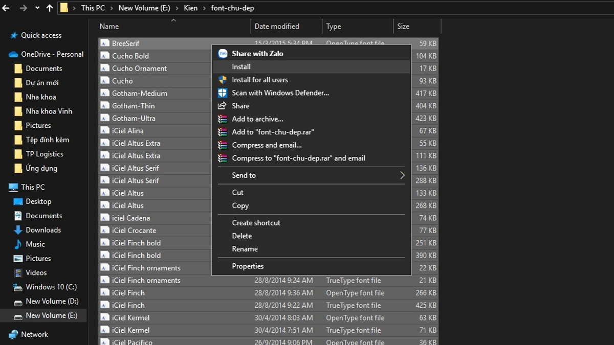 Tiến hành cài đặt các font chữ vừa download vào hệ thống